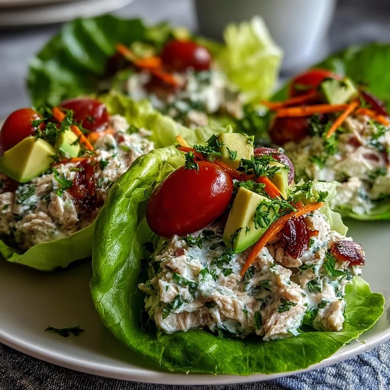 Crisp butter lettuce cups holding a hearty scoop of High-Protein Tuna Salad Lettuce Cups, garnished with fresh parsley and lemon wedges for a bright low carb lunch.