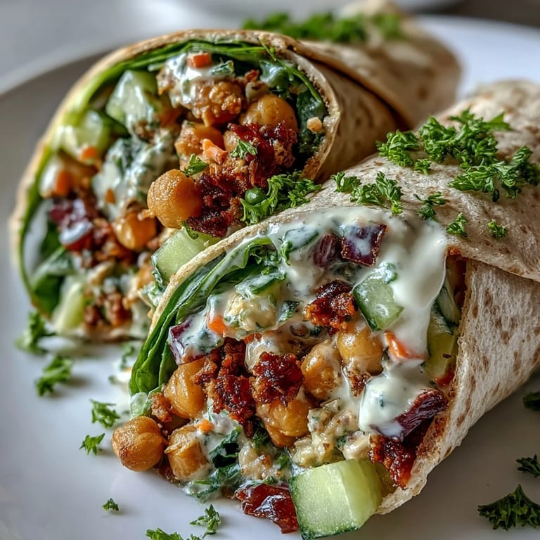 Freshly assembled Vegan Lemon Tahini Chickpea Wraps with vibrant red onion and cucumber chunks, served alongside lemon wedges and salad greens for a quick Mediterranean-inspired lunch.
