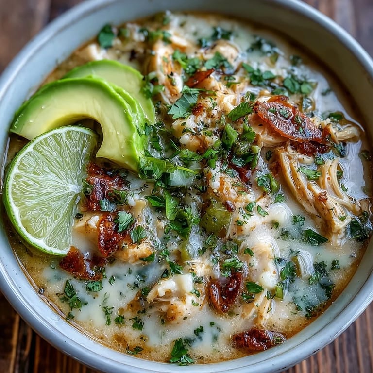 A ladle of Keto Creamy Chicken Enchilada Soup pours from the pot, revealing tender shredded chicken and a rich, spicy broth with cheese swirls.