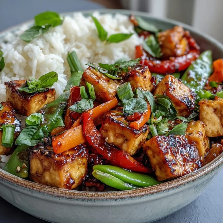 Colorful julienned carrots and sliced red onions mingle with seared tofu in a wok, ready to be served over steaming jasmine rice.