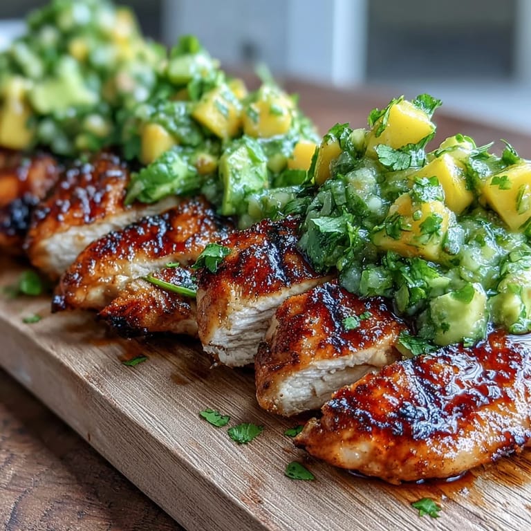 Grilled Chicken with Mango Avocado Salsa served on a white plate next to lime wedges for a summer dinner.