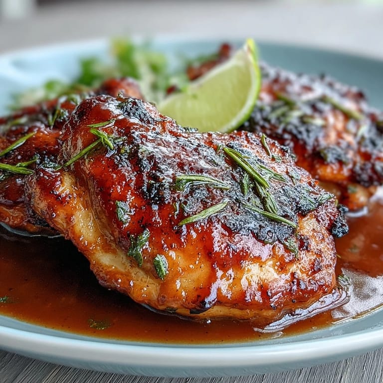 Golden-brown chicken thighs baked with a vibrant guava BBQ glaze, creating a perfect balance of tangy and sweet flavors.  