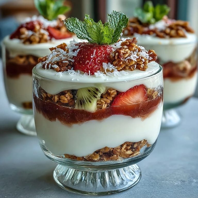 Tropical breakfast parfait featuring Greek yogurt, guava jam, sliced strawberries, kiwi, and granola for a refreshing morning treat.