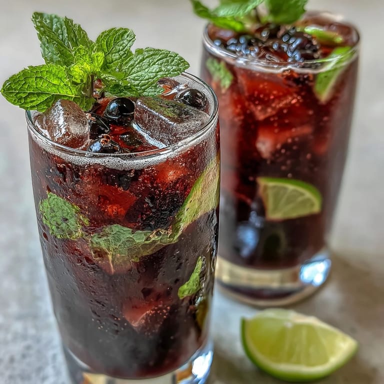 Refreshing blackcurrant mojito cocktail served over ice, garnished with fresh mint sprigs and juicy blackcurrants.  