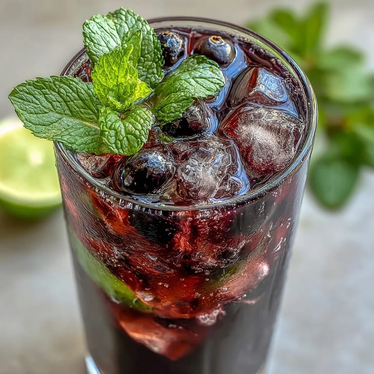 Homemade blackcurrant syrup blends with rum and mint in this stunning, tart-sweet mojito perfect for summer sipping.