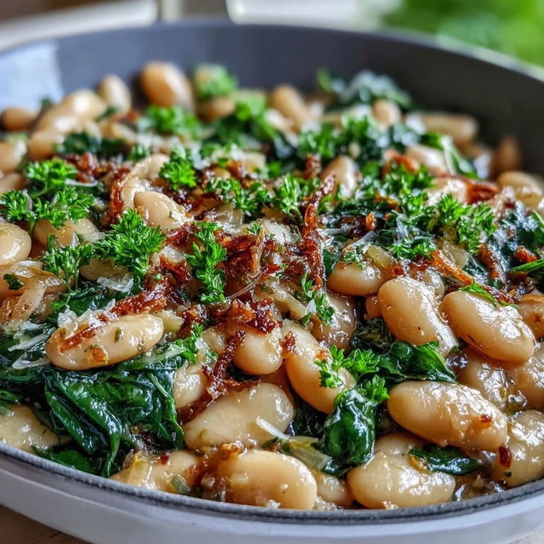 Creamy white beans and tender spinach simmer in a fragrant garlic-lemon sauce, topped with parsley for a healthy vegan meal.  