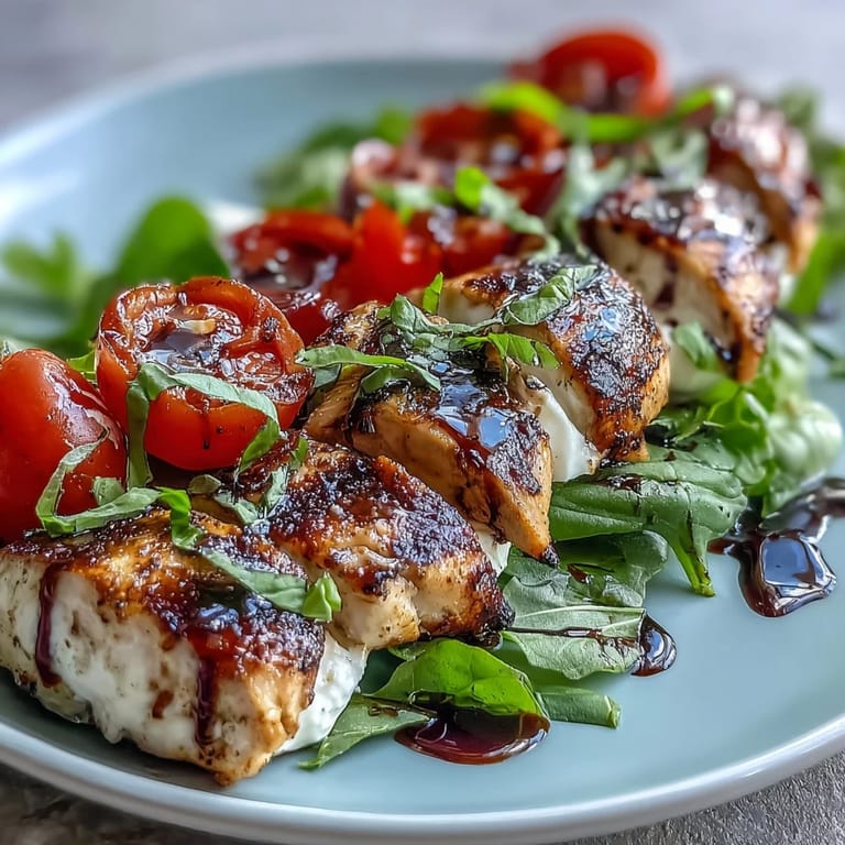 Colorful grilled chicken Caprese salad with fresh mozzarella, basil, tomatoes, and sweet balsamic glaze drizzle.