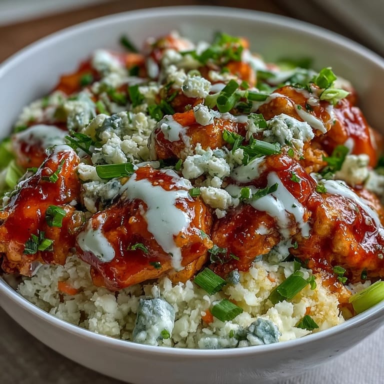 Low-carb buffalo chicken and cauliflower rice bowl topped with crunchy vegetables and tangy blue cheese.  