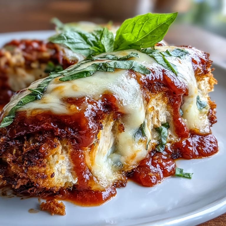 Lightened-up Italian chicken Parmesan with almond flour crust, marinara sauce, and zucchini noodles for a gluten-free dinner.