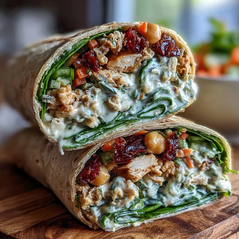 Bright and hearty vegan wrap filled with protein-rich chickpea salad, tangy sun-dried tomatoes, and crisp vegetables, perfect for lunch or dinner.