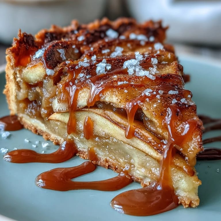 Decadent apple tart with cinnamon-spiced filling, golden crust, and swirls of homemade salted caramel topping.