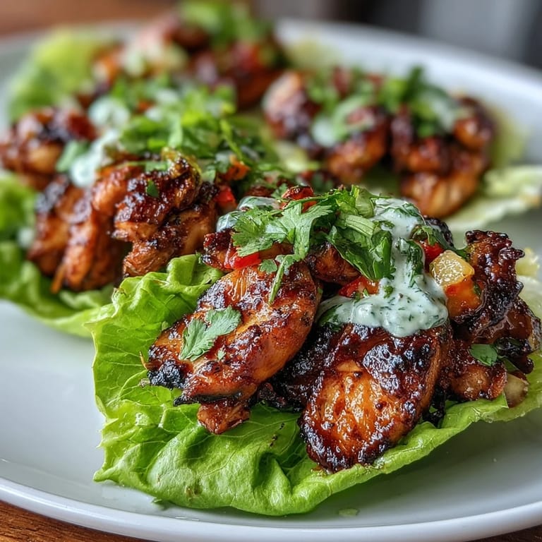 Vibrant jerk chicken lettuce wraps topped with zesty mango salsa and tangy coconut crema, perfect for a light Caribbean-inspired dish.  