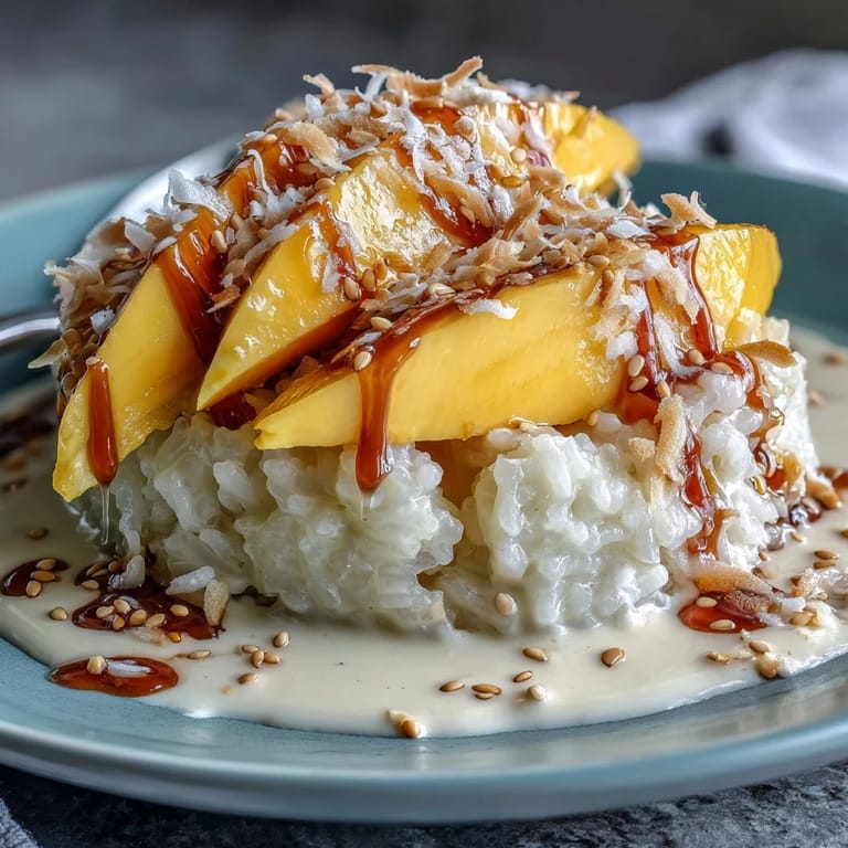 Creamy coconut milk-soaked sticky rice served with sweet, ripe mango for an authentic Thai dessert experience.  