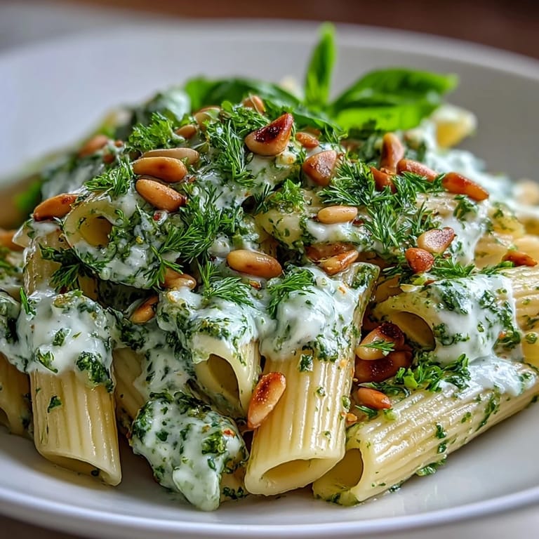 Vibrant cream cheese pesto pasta featuring al dente penne, fragrant basil, and crunchy pine nuts for a satisfying vegetarian meal.  