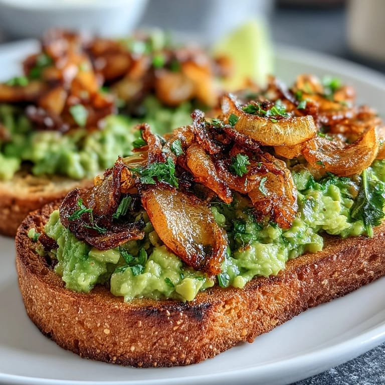 Creamy mashed avocado spread on crusty sourdough, drizzled with tangy chilli-lime dressing and crispy golden shallots for texture.