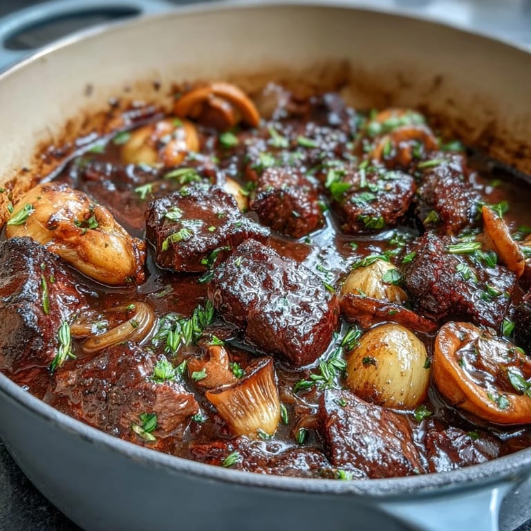 Luxurious Wild Mushroom Beef Bourguignon, slow-braised until fork-tender and served with buttery pearl onions and carrots.  