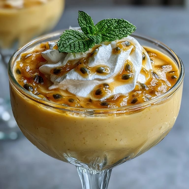 Light and airy passionfruit mousse topped with seeds and mint, a refreshing dessert.  