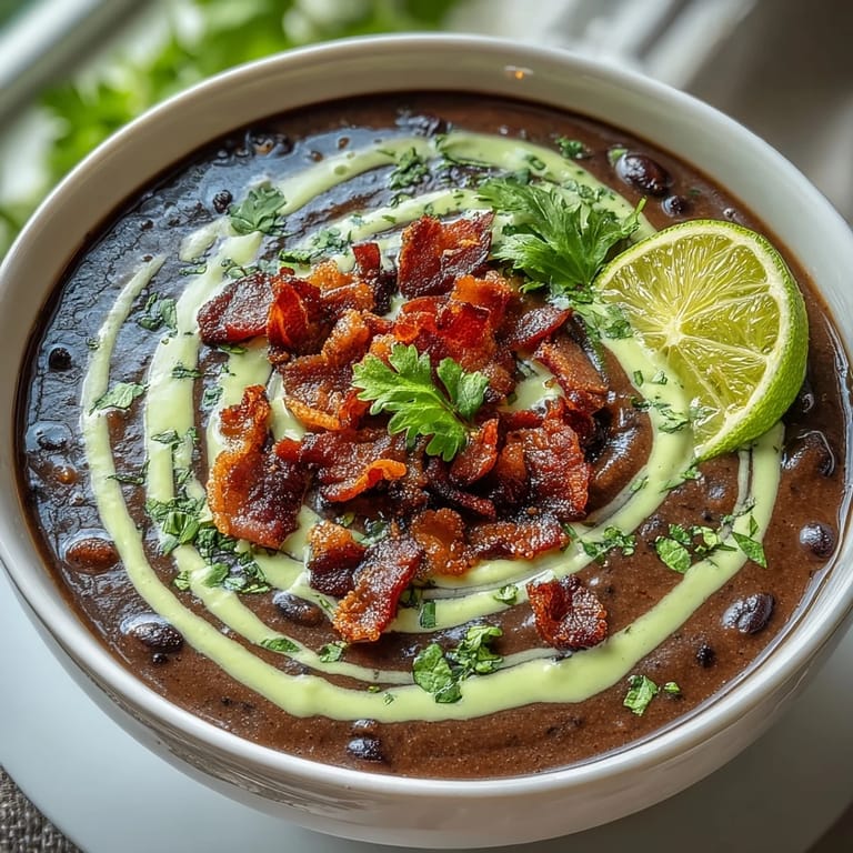 A smoky, hearty black bean soup topped with crunchy bacon bits and a zesty lime crema drizzle, perfect for a comforting dinner.