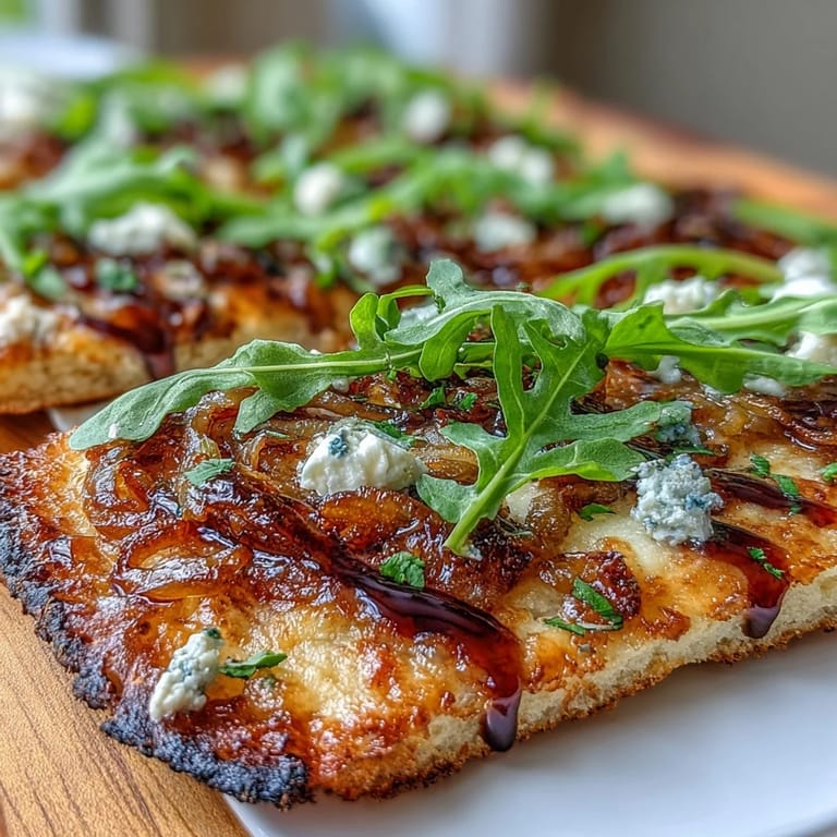 A crispy flatbread pizza topped with rich caramelized onions, tangy goat cheese, and fresh arugula, all enhanced by a sweet balsamic glaze.