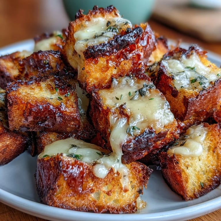 Savory sourdough croutons seasoned with garlic and herbs, adding a crispy, tangy bite to French onion soup.