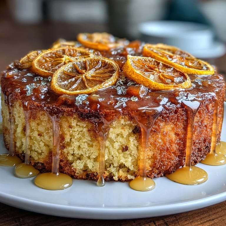 Fragrant olive oil cake studded with homemade candied oranges and drizzled with bright citrus glaze.