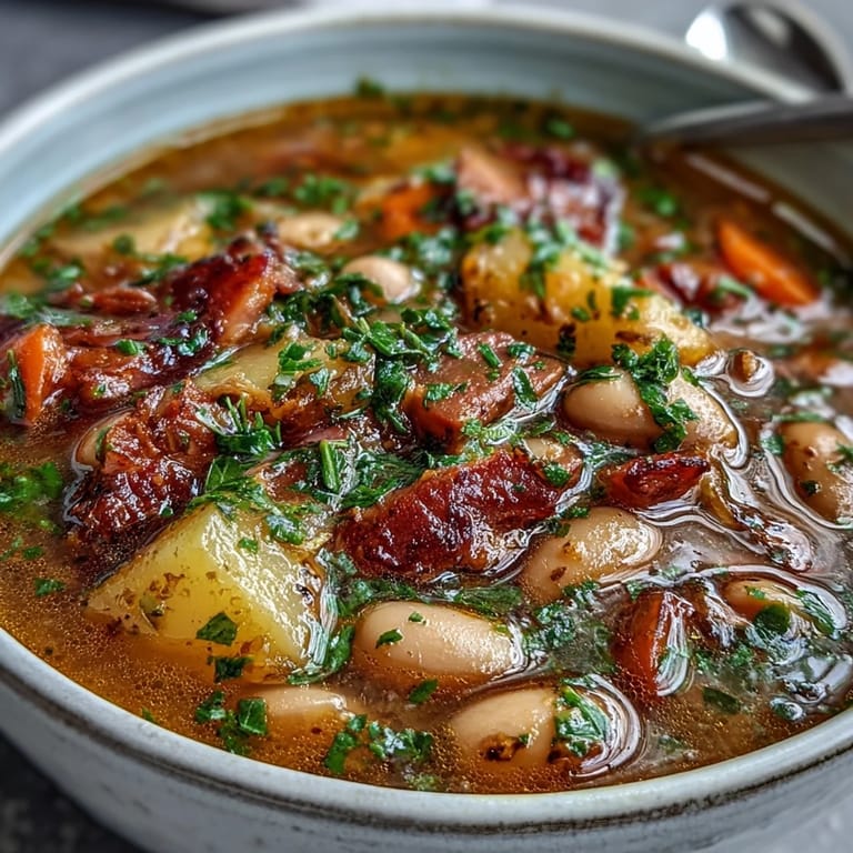 Cozy bean soup with smoked ham and potatoes, garnished with parsley and served in a rustic ceramic bowl.