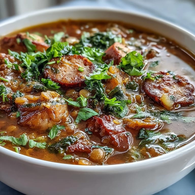 A comforting bowl of spicy sausage, tender lentils, and kale simmered in a savory broth, garnished with a sprinkle of Parmesan.