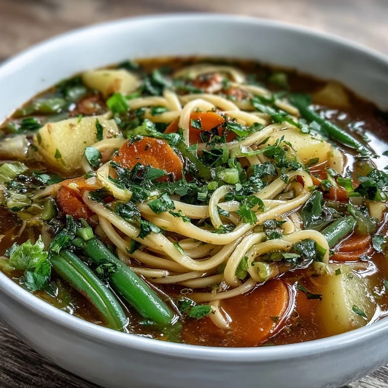 Cozy vegetable noodle soup with seasonal greens, hearty potatoes, and al dente noodles in a fragrant herb broth.