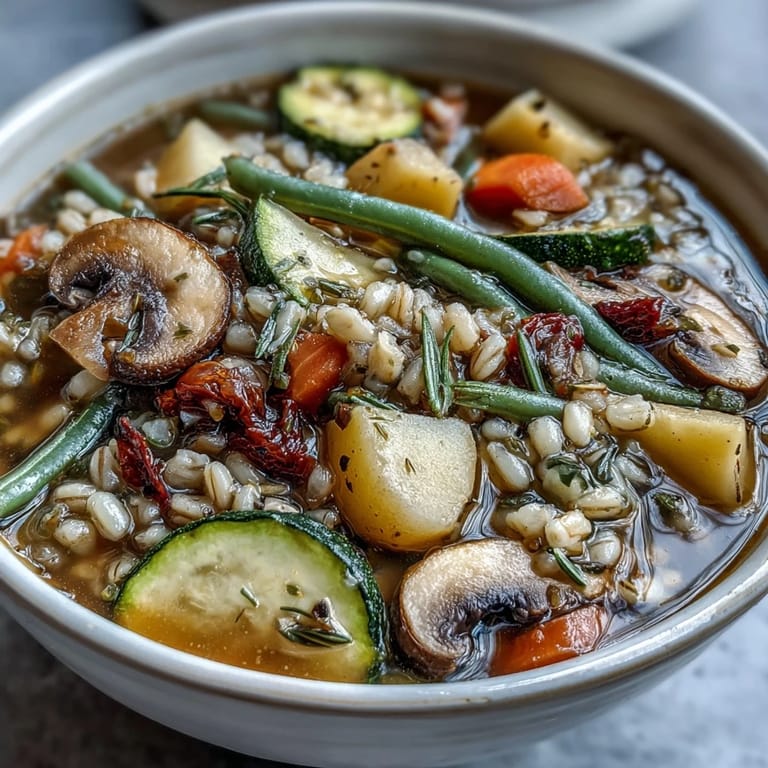A steaming bowl of Rustic Vegetable Barley Soup with Mushrooms, showcasing vibrant vegetables and chewy barley in a comforting, aromatic mix.
