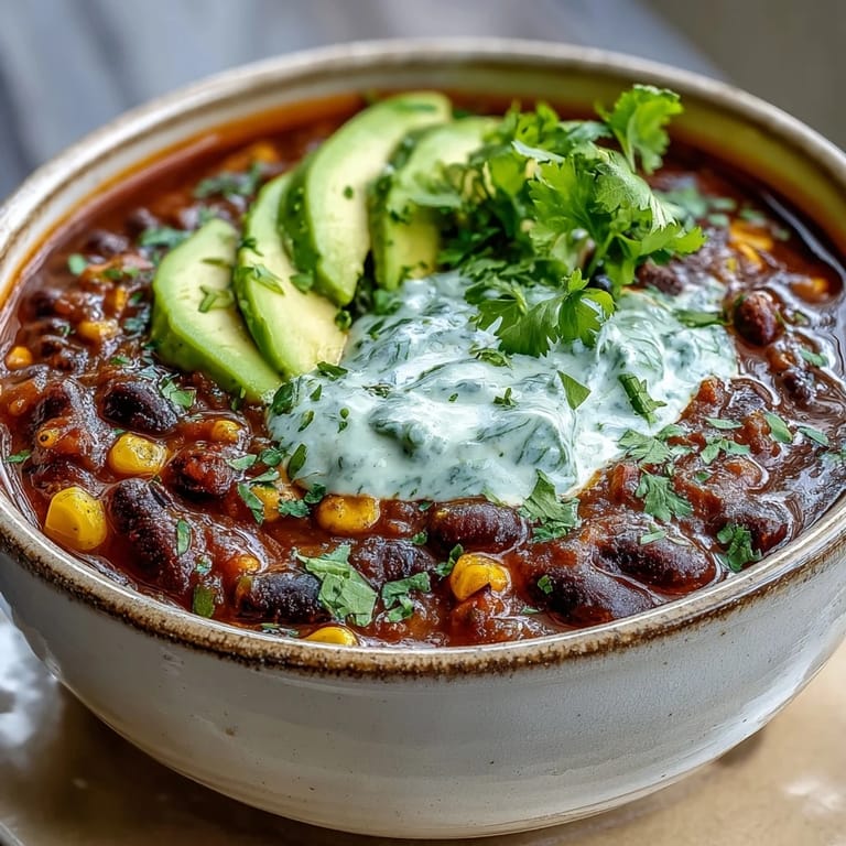 Flavorful black bean and corn chili served steaming hot with a drizzle of lime crema and sliced green onions.
