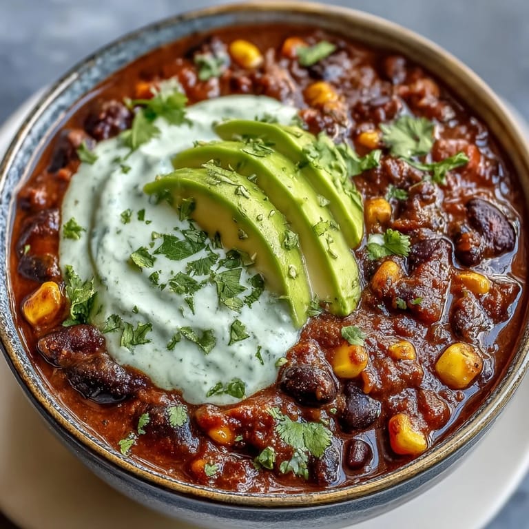 A bowl of smoky vegetarian chili loaded with black beans, sweet corn, and bold spices, finished with zesty lime crema.  