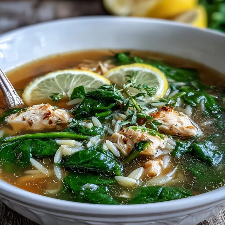 Savory lemon chicken orzo soup featuring juicy chicken, delicate orzo, and vibrant spinach, finished with a zesty lemon touch.