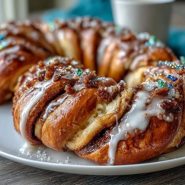 Festive golden King Cake Braid filled with tangy lemon cream cheese and topped with colorful Mardi Gras sugar sprinkles.
