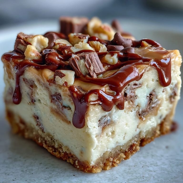 Rich cheesecake bars layered with peanut butter and topped with mini peanut butter cups, ideal for celebrations.