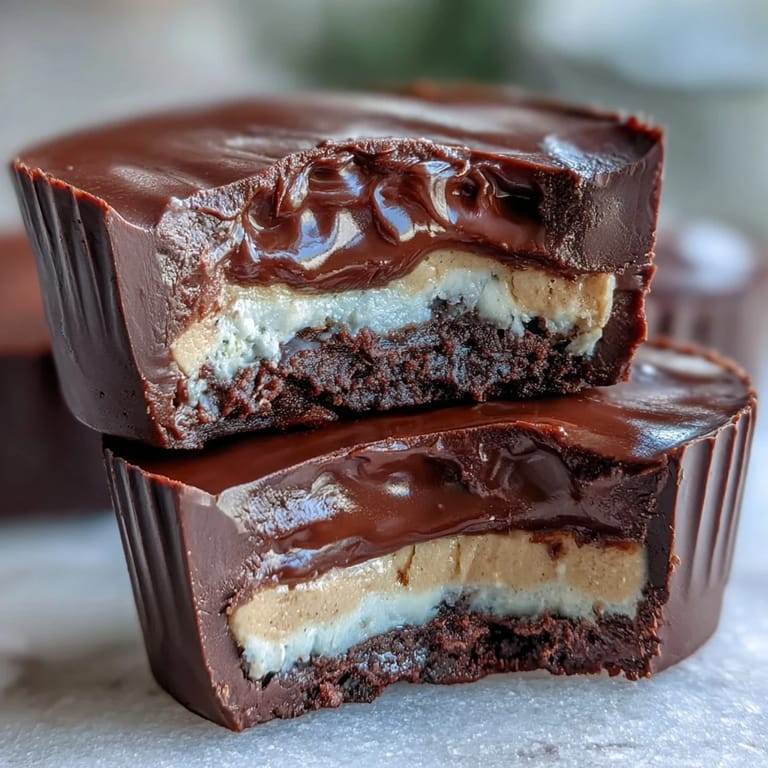 Decadent homemade peanut butter cups with a tangy Greek yogurt filling, offering a nutritious twist on a classic favorite.  