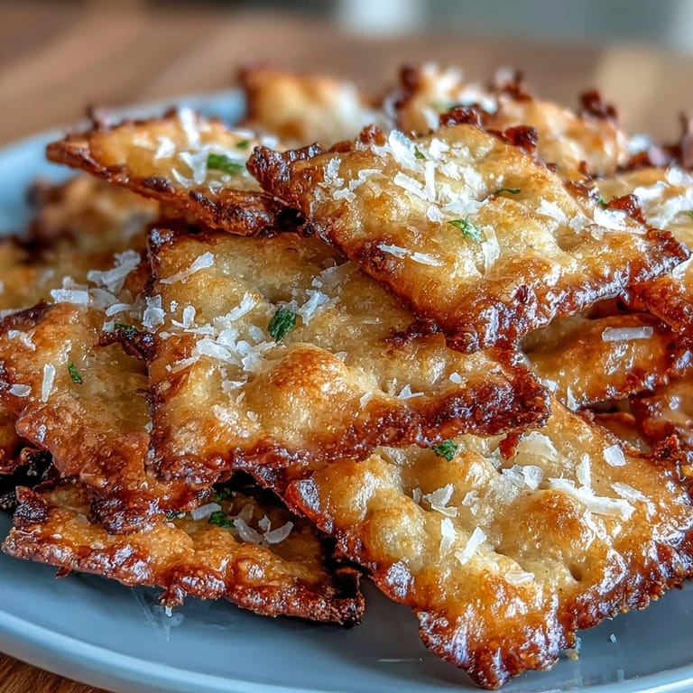 Crunchy sourdough crackers bursting with garlic and Parmesan flavor, each square topped with a sprinkle of flaky sea salt for extra zest.