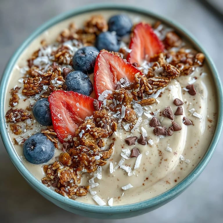 A thick, frosty vanilla bean frappuccino smoothie bowl topped with granola, strawberries, blueberries, and cacao nibs for a delightful breakfast treat.