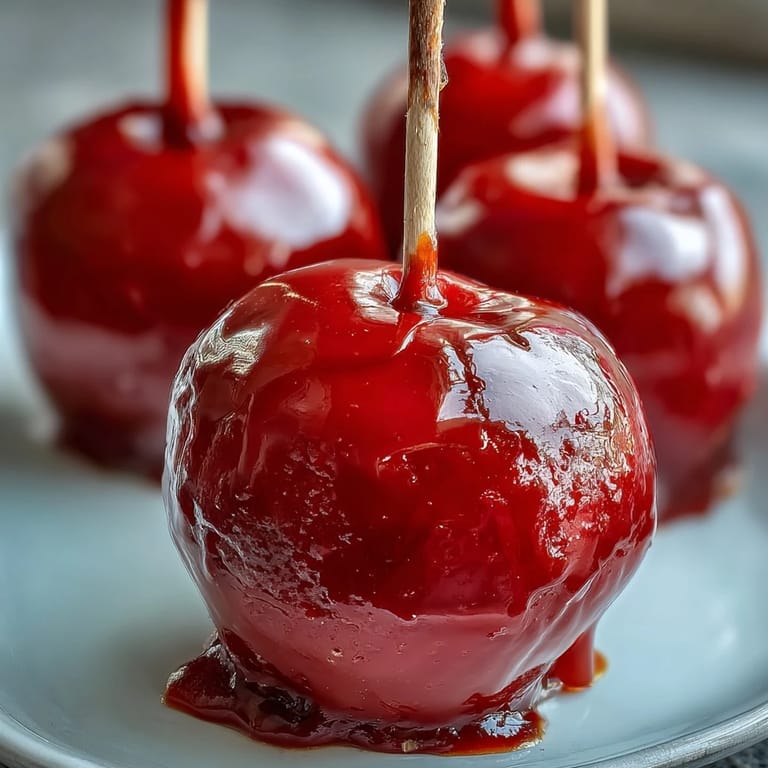 Shiny red candy apples on sticks, offering a crunchy bite and sweet shell that delights both kids and adults.