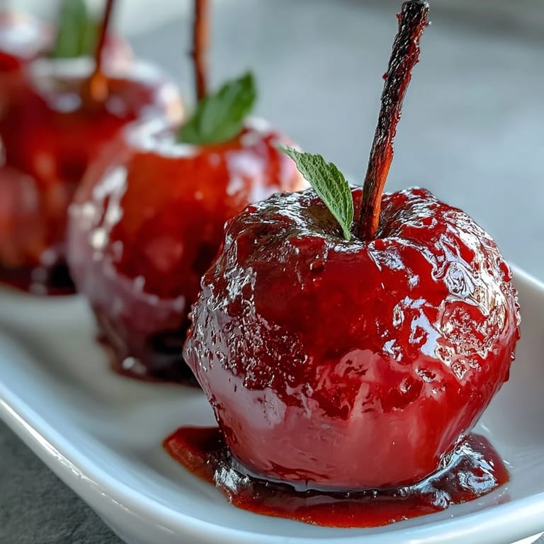 Traditional red candy apples with a hard sugar coating, showcasing vibrant color and crisp fruit for holiday treats.
