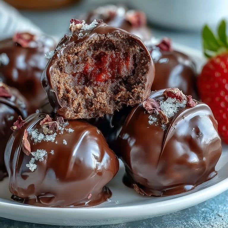 Luxurious strawberry and almond flour truffles coated in rich dark chocolate, inspired by Dubai's opulent dessert traditions
