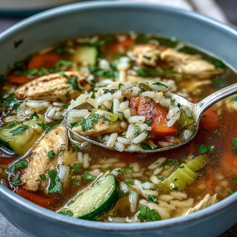 Warm, comforting chicken and rice soup featuring juicy chicken, soft vegetables, and fluffy rice simmered to perfection.  