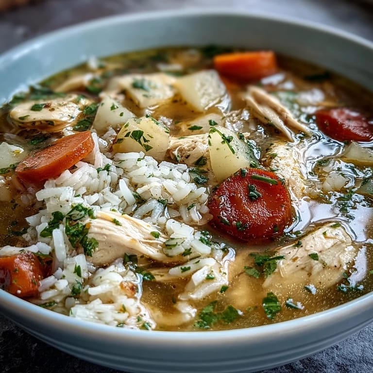 Nourishing chicken and rice soup with tender chicken, hearty vegetables, and savory broth in one simple pot.