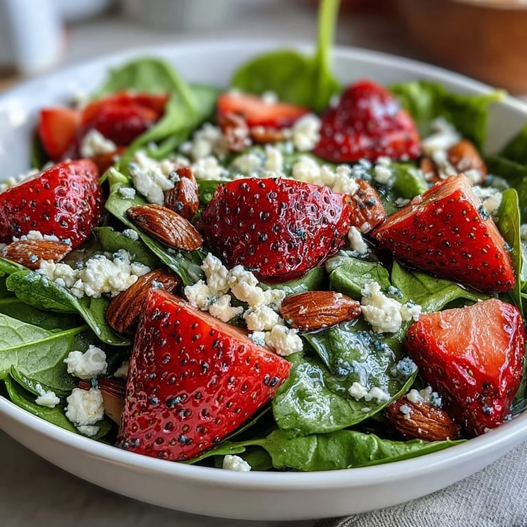 Bright and colorful strawberry spinach salad with poppyseed dressing, topped with feta, red onion, and toasted almonds.