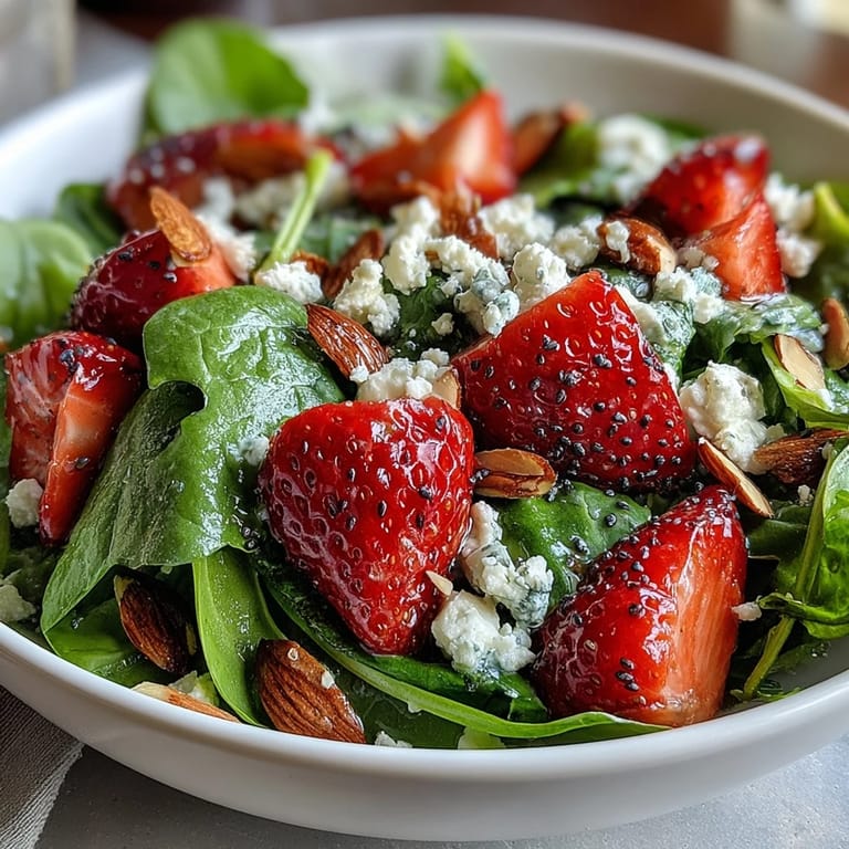Refreshing strawberry spinach salad with poppyseed dressing, combining sweet strawberries, fresh spinach, and creamy, zesty poppyseed vinaigrette.