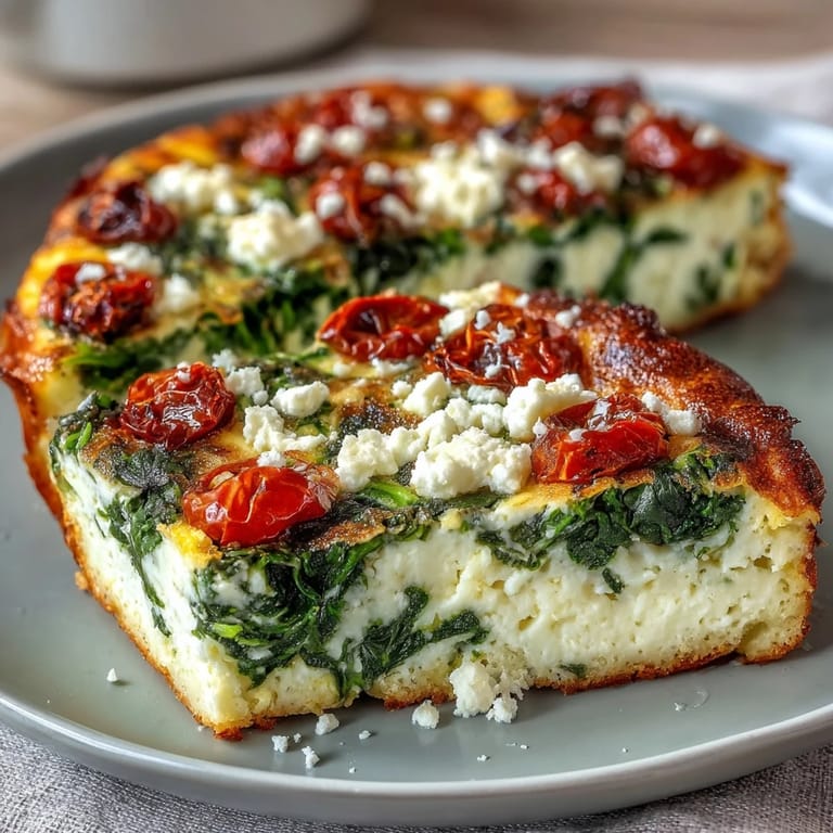 Savory Mediterranean-inspired frittata loaded with fresh spinach, tangy feta, and sweet sun-dried tomatoes, perfect for brunch or light dinner.