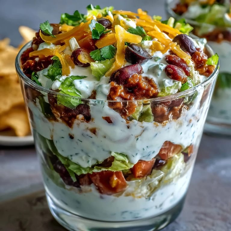 Vibrant individual cups of Easy Taco Dip Cups, featuring creamy layers, fresh veggies, and cheddar cheese for a party-ready appetizer.
