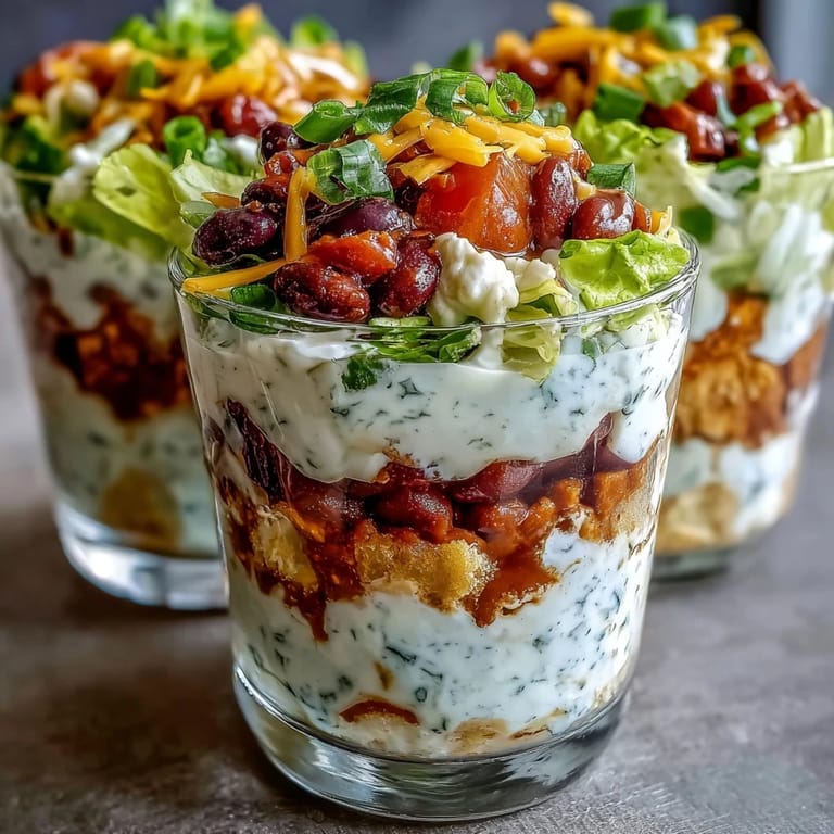 Festive Easy Taco Dip Cups with classic taco flavors, served in clear cups and garnished with lettuce, olives, and green onions.
