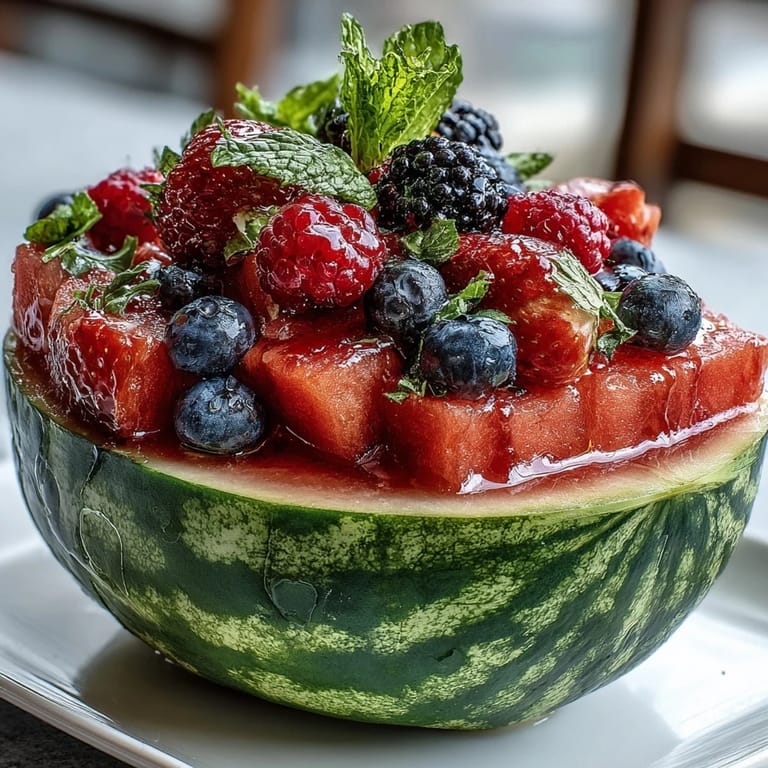 Elegant carved watermelon filled with juicy berries, a refreshing and colorful centerpiece for any brunch or gathering.