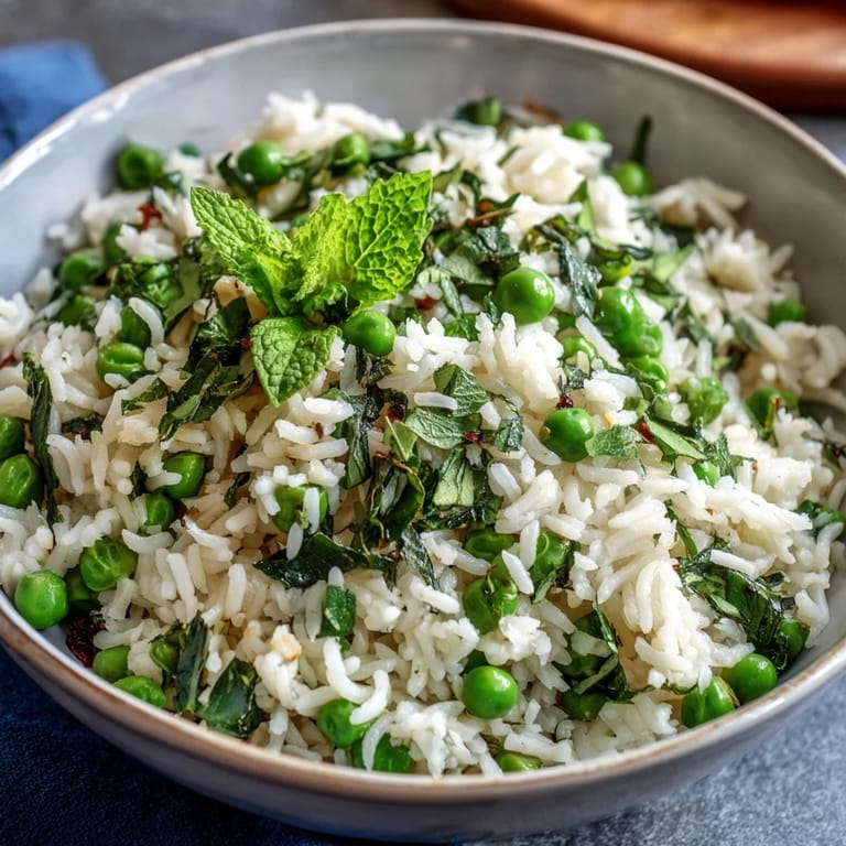 Aromatic rice pilaf with sweet spring peas and fresh mint, garnished with lemon wedges and parsley.