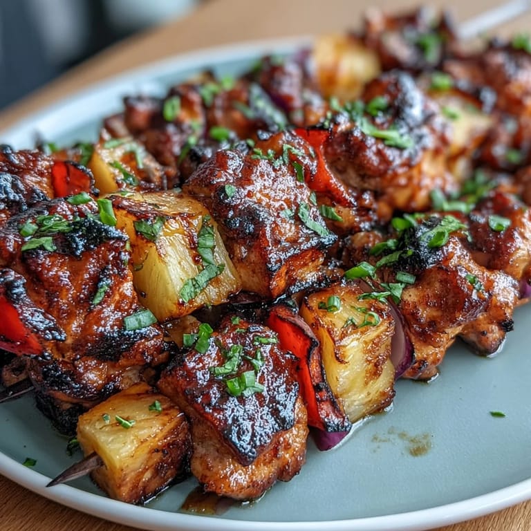 Colorful skewers of marinated chicken, sweet pineapple, and vibrant bell peppers, grilled to perfection for a crowd-pleasing main dish.